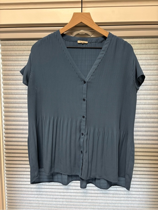 Pleione Tops - Pleione Pleated V-Neck Blouse Button-Front Top in Dusty Blue-Gray